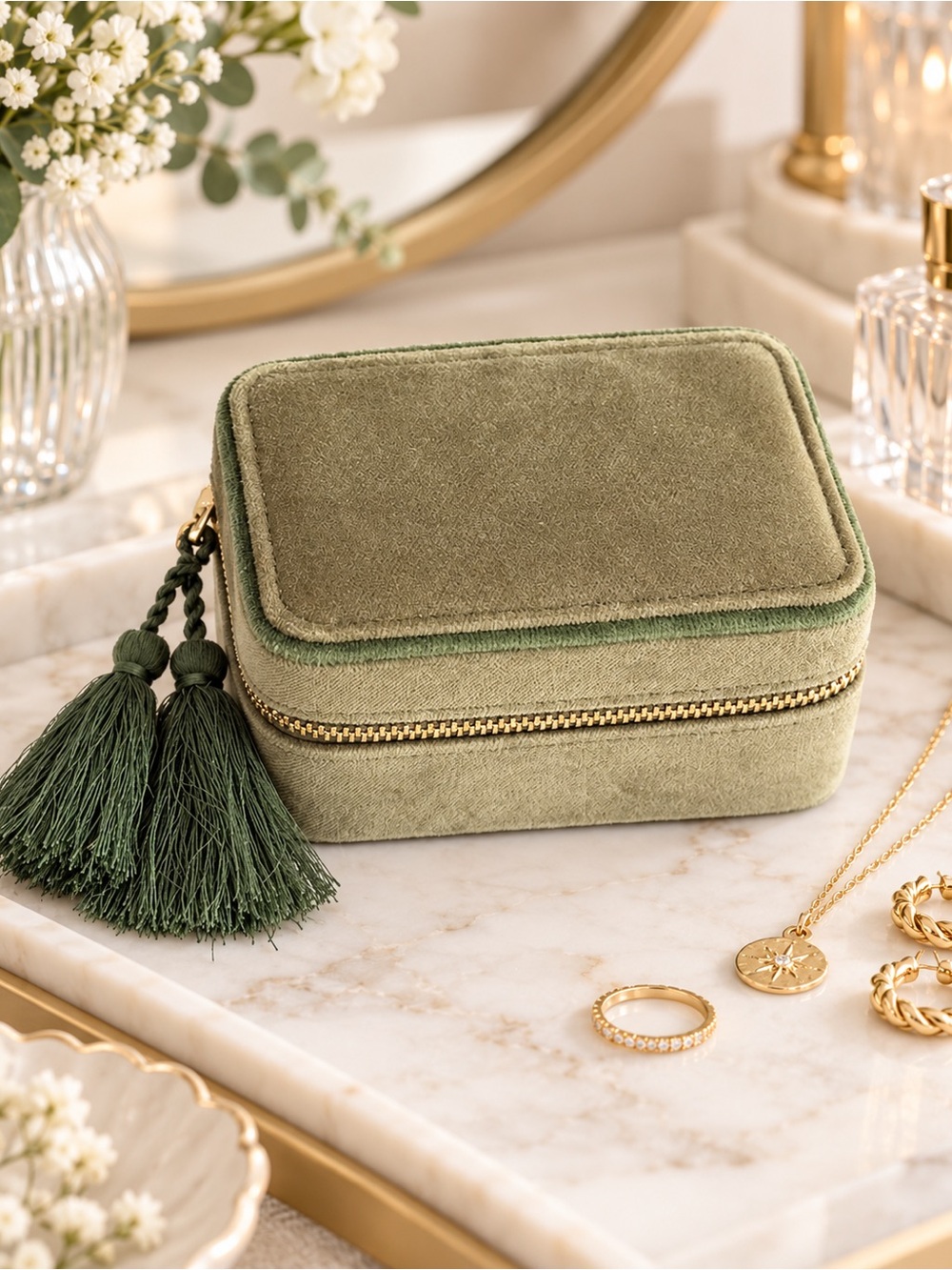 SEZANE VELOUR ZIPPED JEWELRY BOX GREEN